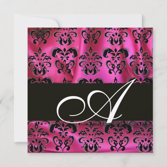 FUCHSIA ROSA SVART DAMAST TYG MONOGRAM Champagne Inbjudningar (Framsida)