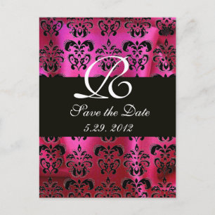 FUCHSIA ROSA SVART DAMAST TYG MONOGRAM , vit Meddelande Vykort