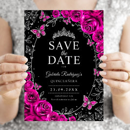 Fuchsia Rosa Svart Silver Quinceanera Blommig Spara Datumet