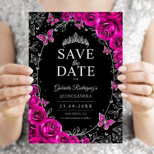 Fuchsia Rosa Svart Silver Quinceanera Blommig Spara Datumet