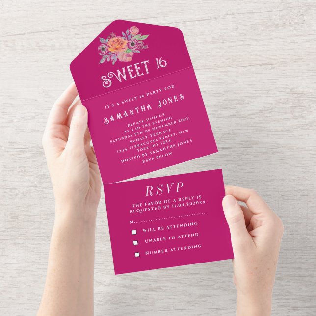 Fuchsia Rosa Sweet 16 Blommigt Sexton Girly Elegan (Avrivbar del)