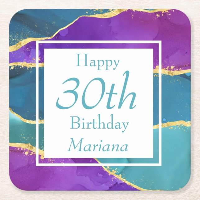 Fuchsia Rosa Teal Guld Födelsedagsfest Underlägg Papper Kvadrat (Framsidan)