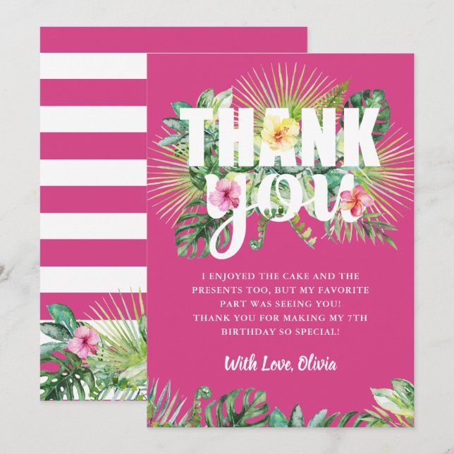 Fuchsia Rosa Tropical Greenery Blommigt Birthday Tack Kort (Fram/baksida)