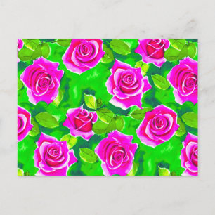 Fuchsia Rosa Vattenfärg Rosmönster Vykort