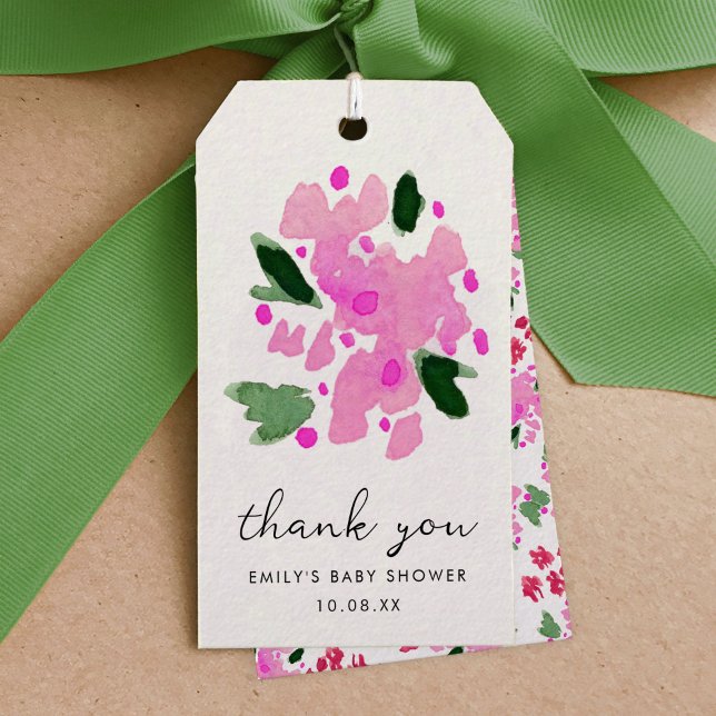 Fuchsia Rosa Watercolor Blommigt Garden Tack Presentetikett (Fuchsia pink watercolor floral garden Thank You favor shower gift tag.)