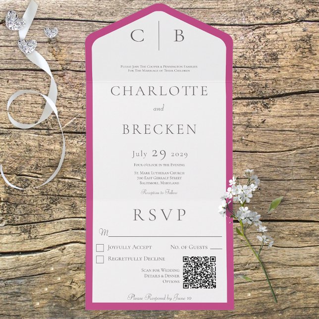 Fuchsia Rosa & White Monogram Minimal QR-kod (Skapare uppladdad)
