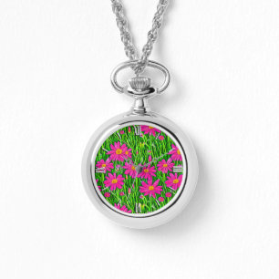 Fuchsia Rosa Wildblommor i Fält Armbandsur