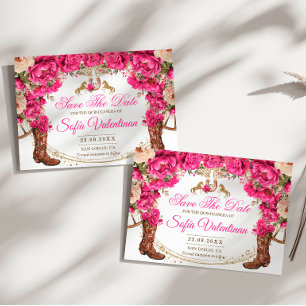 Fuchsia Rosor och Cowboy Stövlar Country Quinceañe Spara Datumet