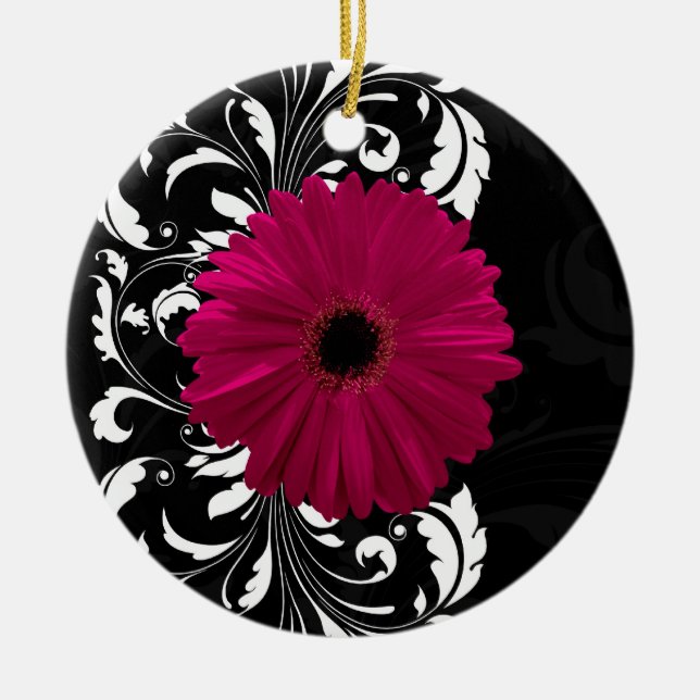 Fuchsia Rulla Gerbera Daisy w/Black and White Julgransprydnad Keramik (Framsidan)