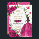 Fuchsia Shock rosa Blommigt Princess Dress Quincea Spara Datumet<br><div class="desc">Anpassa den här söt fuchsia-shock rosa Quinceañera / Sweet 16-årsdagen spara datumet enkelt och snabbt. Klicka bara på knappen Anpassa den ytterligare för att redigera texterna, ändra typsnitt och typsnitt färg. Med en flicka klädd i ett vackert glitter i boll, ett pulserande fuchsia ro, fjärilar och ett guld-trimmat ovalutrymme för...</div>
