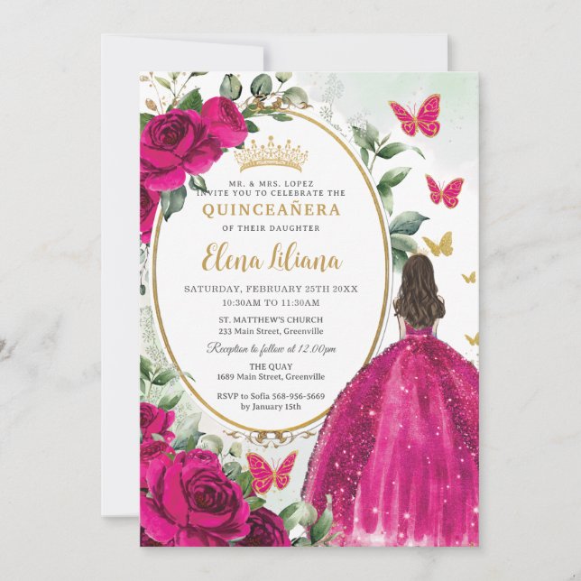 Fuchsia Shock rosa Blommigt Princess Guld Quinceañ Inbjudningar (Framsida)