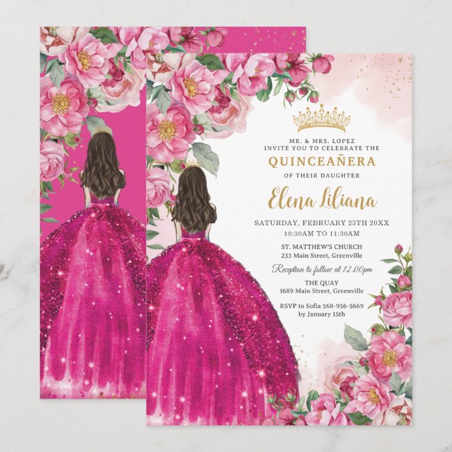 Fuchsia Shock rosa Ro Blommigt Quinceañera Sweet 1 Inbjudningar (Fram/baksida)