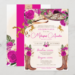 Fuchsia Shock rosa Ro Western Charro Quinceañera Inbjudningar