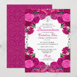 Fuchsia & Silver Blommigt Quinceanera Birthday Inbjudningar