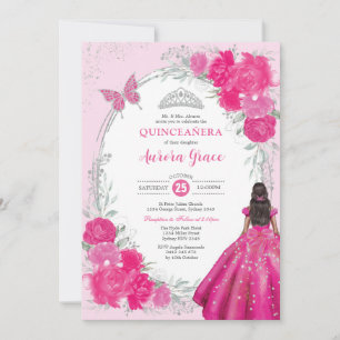 Fuchsia Silver Quinceañera Blomma 15-årsdag Inbjudningar