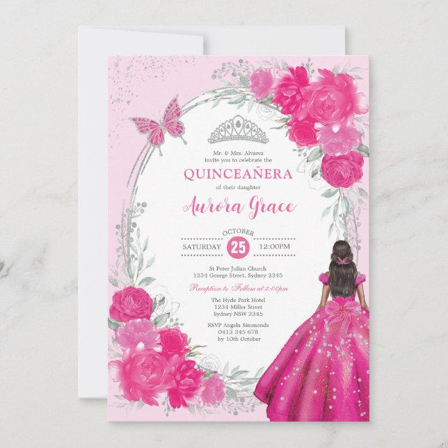 Fuchsia Silver Quinceañera Blomma 15-årsdag Inbjudningar (Framsida)
