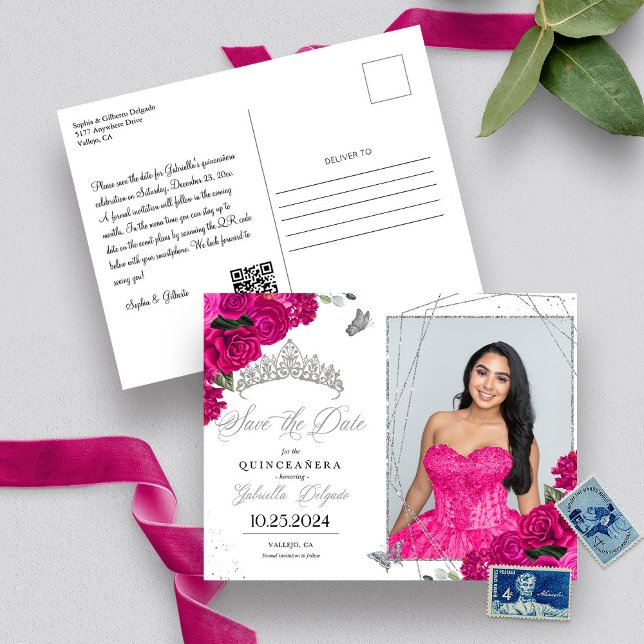 Fuchsia & Silver Tiara Quinceañera Fotobrev Vykort (Skapare uppladdad)