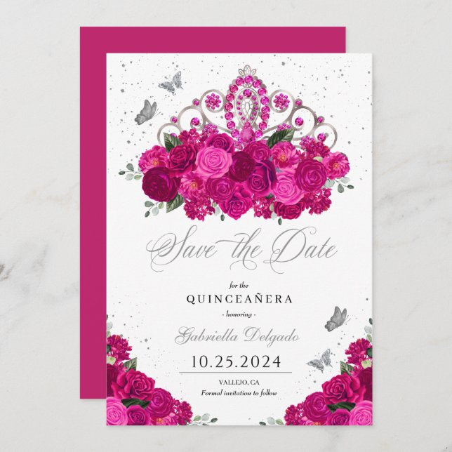 Fuchsia & Silver Tiara Spara datumet Quinceañera Inbjudningar (Fram/baksida)