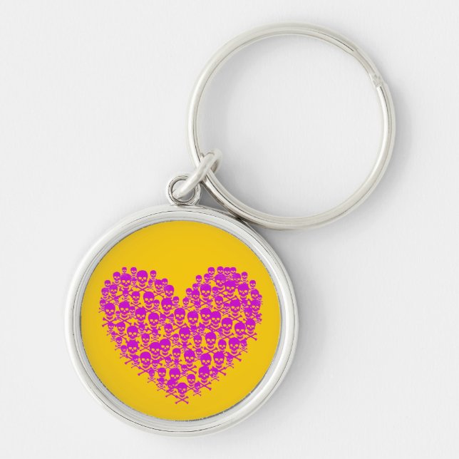 Fuchsia Skull Heart Rund Silverfärgad Nyckelring (Framsidan)