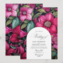 Fuchsia, Smaragdgrön och Svart Blommig Bröllop Inbjudningar