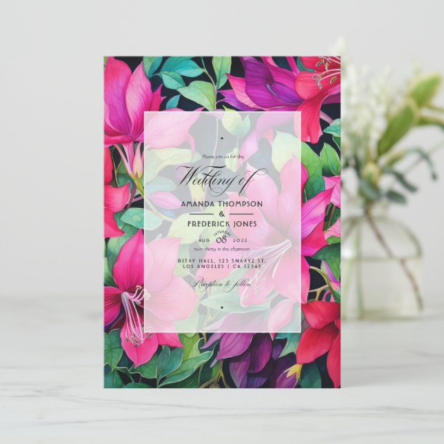 Fuchsia, smaragdgrön och svart blomsterbröllop inbjudningar (Stående Fram)