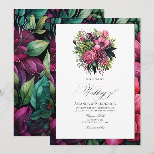 Fuchsia, smaragdgrön och svart blomsterbröllop inbjudningar (Fram/baksida)