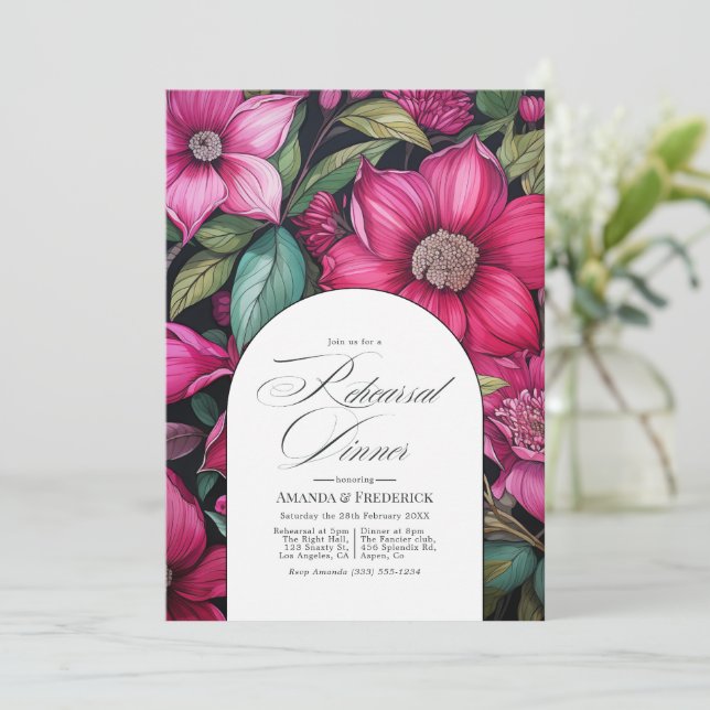 Fuchsia, smaragdgrön och svart repetitionsmiddag inbjudningar (Stående Fram)