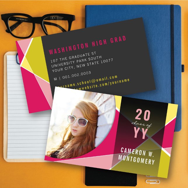 Fuchsia Snyggt Geometric Linjer Mod Photo Student (Fuchsia Stylish Geometric Criss Cross Photo Graduation Calling/Name Card @ zazzle.com/color_therapy)
