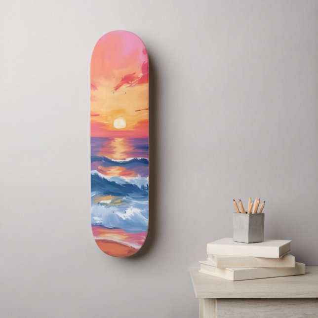 Fuchsia Strand Solnedgång | Ocean Vågor Akvarell Mini Skateboard Bräda 18,5 Cm (Väggkonst)