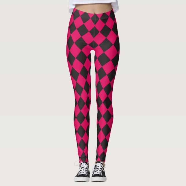 Fuchsia svart rutdiamondmönster  leggings (Framsida)