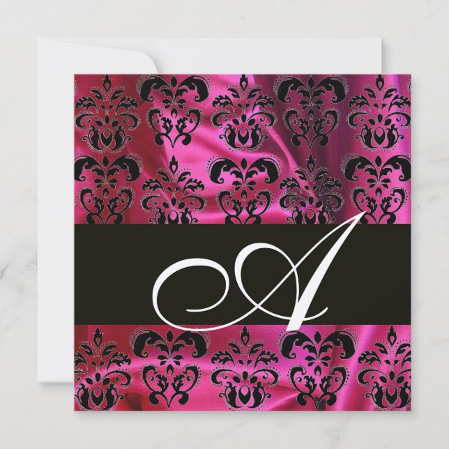 FUCHSIA SVART SILKE DAMASK MONOGRAM , Guldmetall Inbjudningar (Framsida)