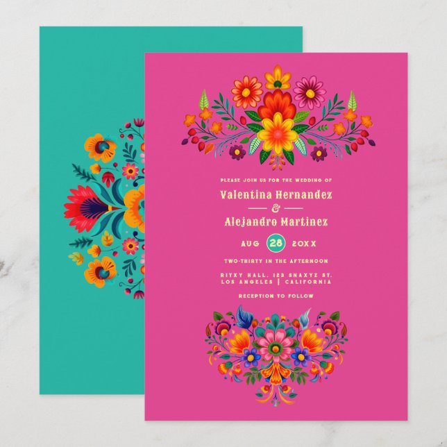 Fuchsia & Turquoise Folk Art Fiesta Bröllop Inbjudningar (Fram/baksida)