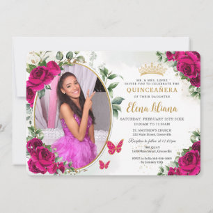 Fuchsia varmröda rosor Blommig Quinceañera Foto Inbjudningar