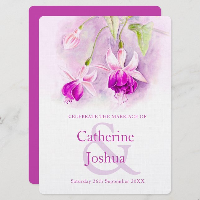 Fuchsia vattencolor lila rosa art bröllop inbjudningar (Fram/baksida)