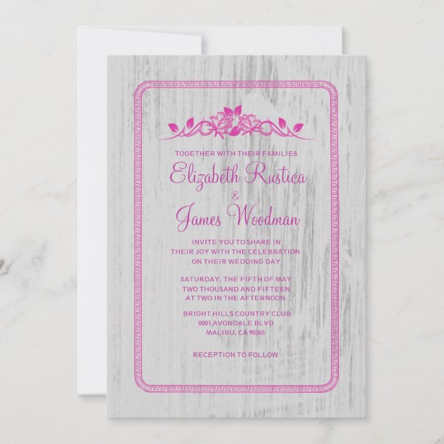 Fuchsia Vintage Barn Wood bröllopsinbjudningar Inbjudningar (Framsida)