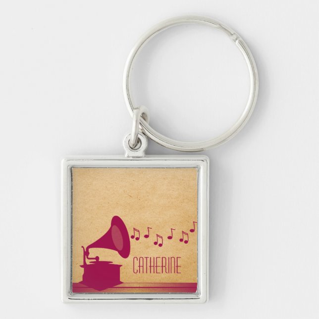 Fuchsia Vintage Gramophone Premium Keychain Fyrkantig Silverfärgad Nyckelring (Framsidan)