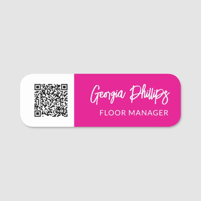 Fuchsia & Vit QR-kod Penselskrift Namnbricka (Framsida)