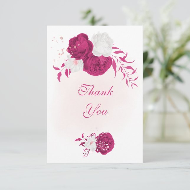 Fuchsia vita blommor botaniska bröllop tack kort (Stående Fram)