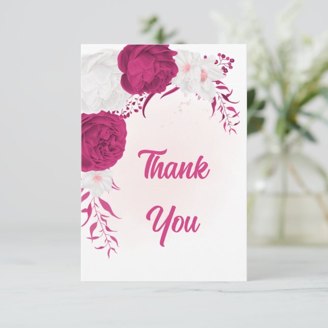 Fuchsia vita blommor botaniska bröllop tack kort (Stående Fram)