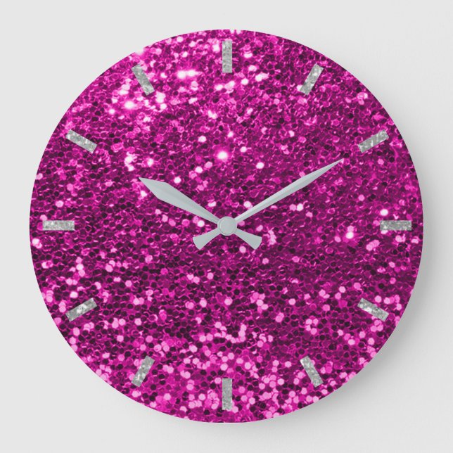 Fuchsia Vivid Bright Rosa ros Glitter Silver Grått Stor Klocka (Framsida)