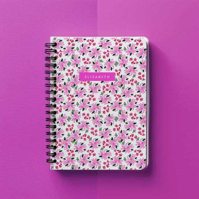 Fuchsia Watercolor Blommig Trädgård Personlig Anteckningsbok (Fuchsia pink watercolor floral garden personalized notebook.)