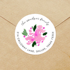 Fuchsia Watercolor Blommigt Bouquet Returadress Runt Klistermärke