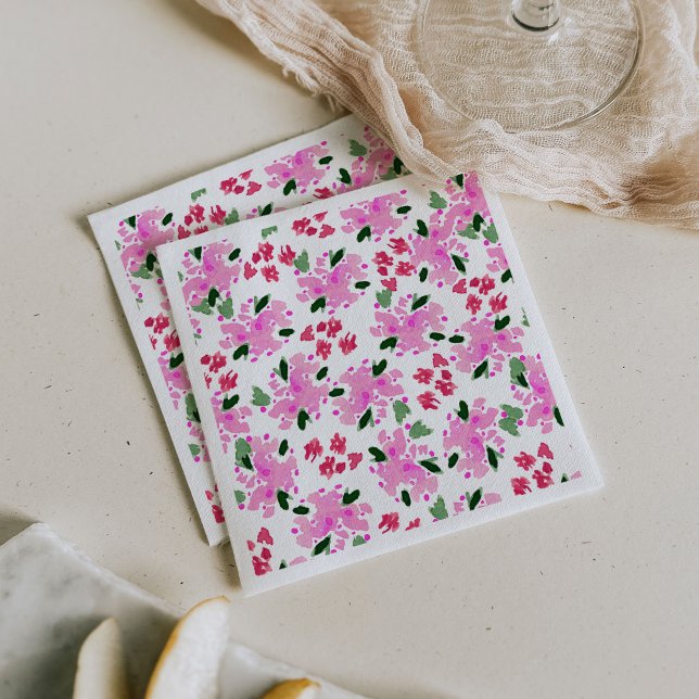 Fuchsia Watercolor Blomsterträdgård Servetter (Fuchsia pink watercolor floral garden paper party napkins.)