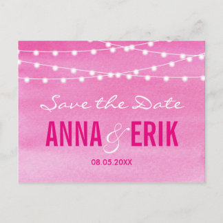 Fuchsia Watercolor Strängljus Save The Date Meddelande Vykort