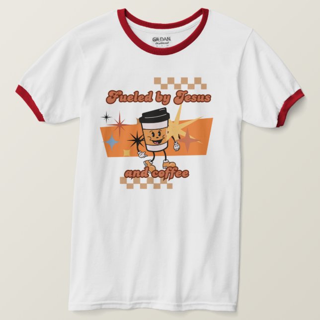 Fueled av Jesus och Coffee Retro T unisex Shirt (Design framsida)