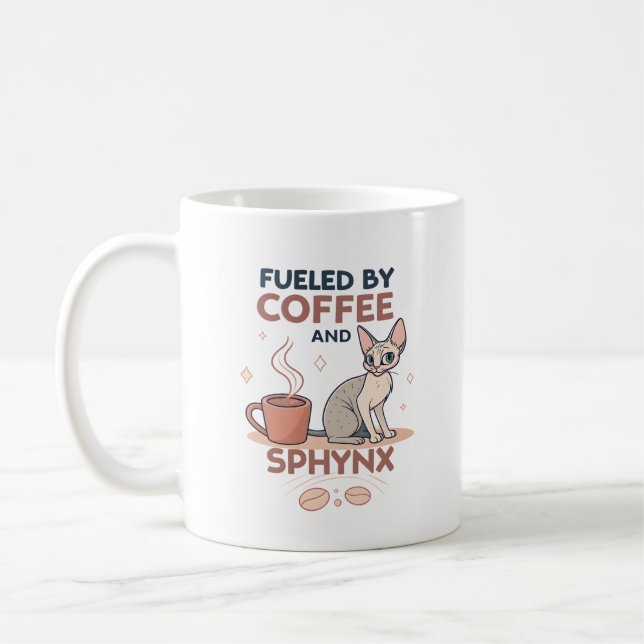 Fueled by Coffee and Sphynx Cat Art Kaffemugg (Vänster)