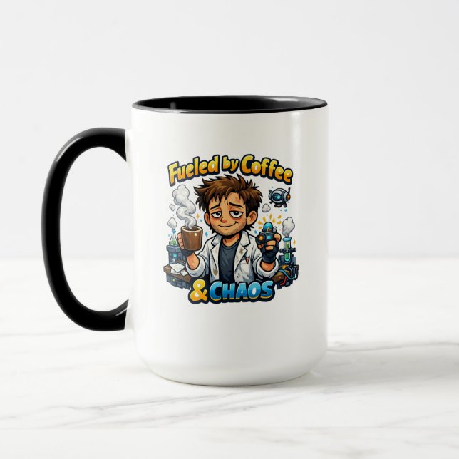Fueled by Coffee & Chaos – Funny Scientist Mugg (Vänster)