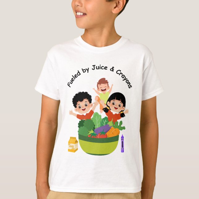 Fueled by Juice and Crayons Fun School T-Shirt (Framsida)