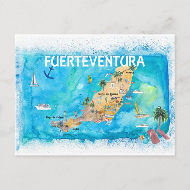 Fuerteventura Canarias Spain Illustrated Karta Vykort (Framsida)
