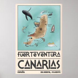 Fuerteventura Kartväggskunst Kanarieöarna Resa Poster
